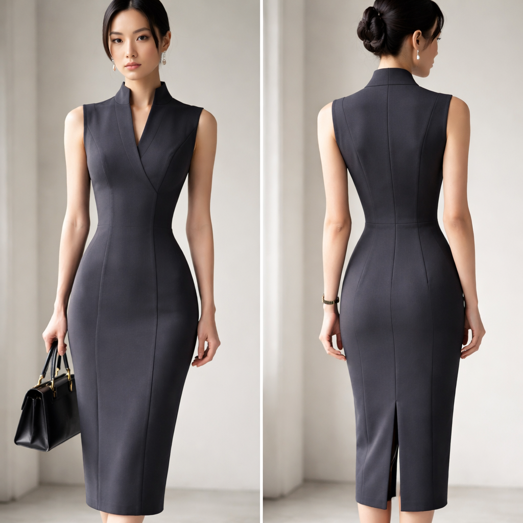 Business dress that has a Japanese influence . I would like the French style small tie waist. With the top v neck vest like dress with Japanese collar. Extenuate the two vertical seems. No belt
Business dress that has a Japanese influence . I would like the French style small tie waist. With the top v neck vest like dress with Japanese collar. Extenuate the two vertical seems. No belt, business style, show front and back