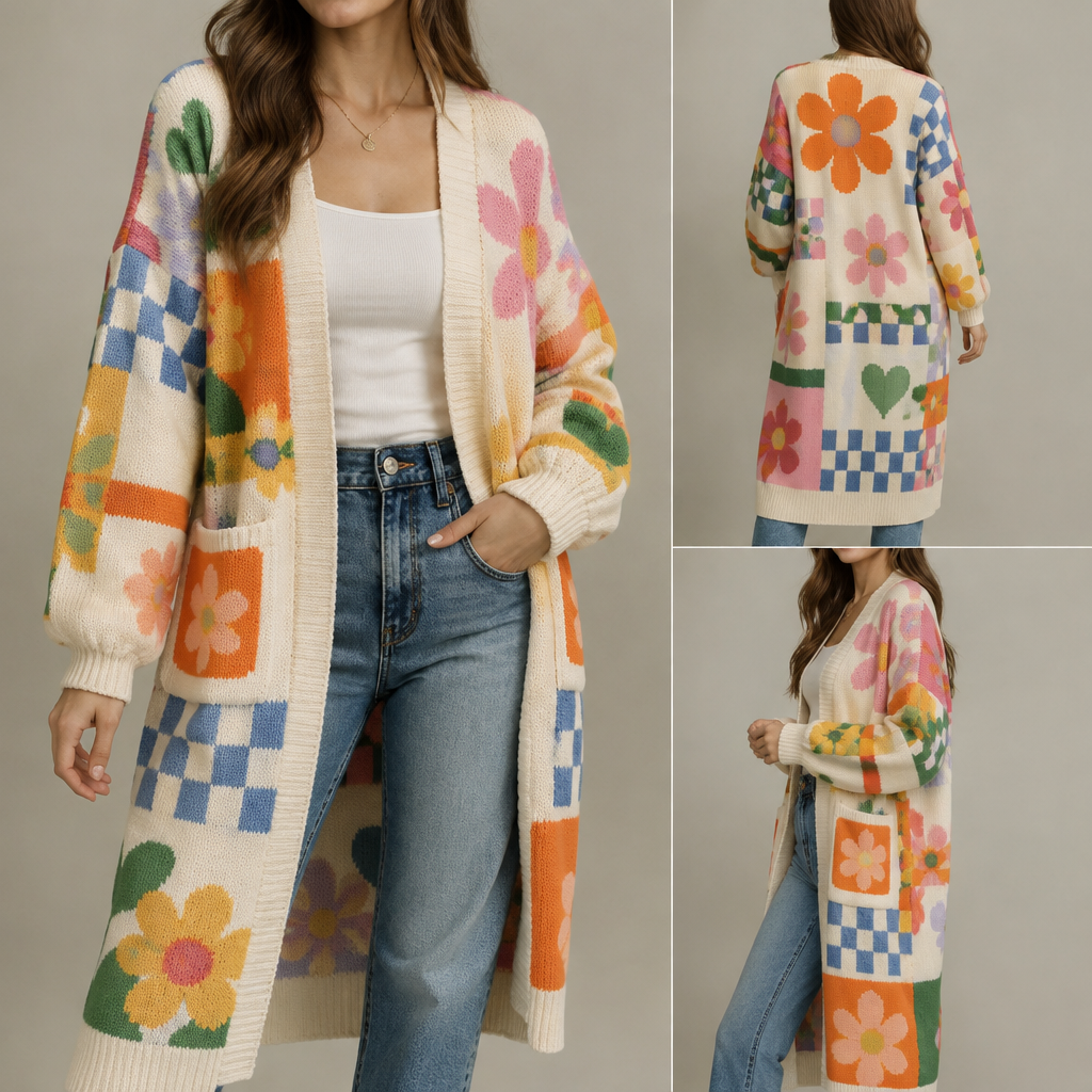 For the cardigan I want it to look that patterns look cute and colors vibrant and I want it to be long and make it feel comfy and also I would wear it to work, event.
photorealistic fashion design, For the cardigan I want it to look that patterns look cute and colors vibrant and I want it to be long and make it feel comfy and also I would wear it to work, event., streetwear style, just the design no text