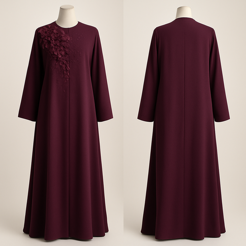 The Half-Bloom Couture Abaya
Tone: Wine / Plum Design: One side of the chest beautifully covered with half-blooming flowers and micro stones. 