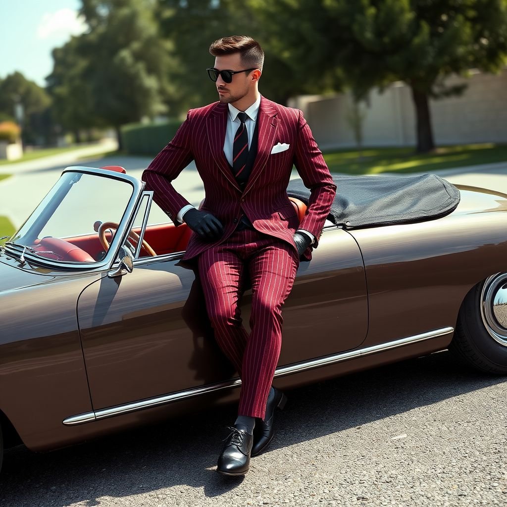 Create a sleek burgundy striped mens suit that has a sharp cut collar. Make him wear black leather gloves and have him driving a vintage convertible Porsche.
Envision a sleek burgundy striped men's suit featuring a sharp cut collar and tapered trousers, exuding sophistication. The fabric shimmers subtly in the sunlight, while tailored lines emphasize an athletic silhouette. Paired with polished black leather gloves and sleek oxford shoes, he appears effortlessly dapper as he cruises in a classic vintage convertible Porsche.
