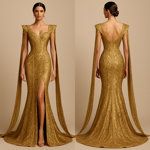 Pharaonic heritage evening dress, with shoulder long tail , fishtail cut, with a slit to the knee