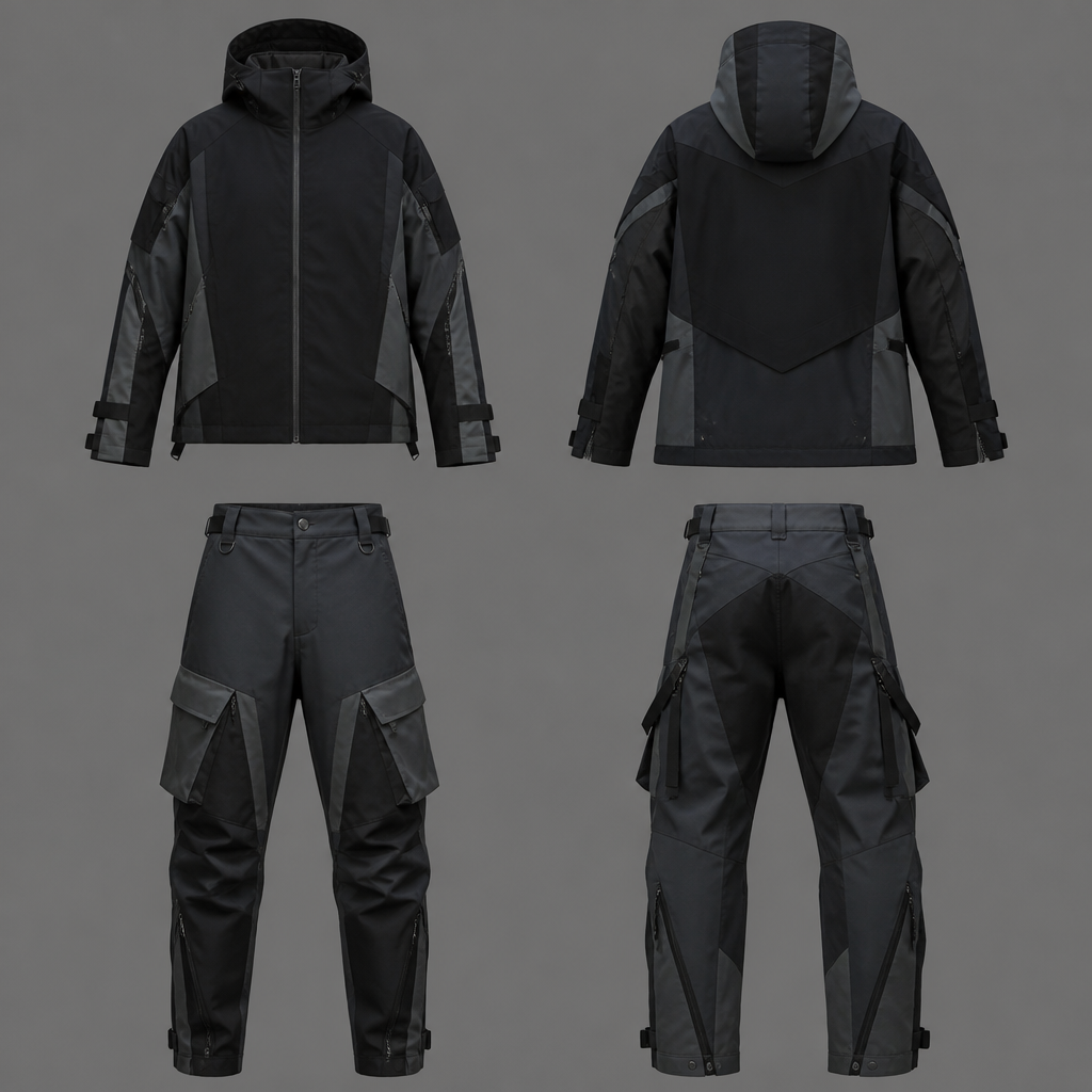Streetwear clothing jacket and a long pant
photorealistic fashion design, Streetwear clothing jacket and a long pant, techwear style, just the design no text, show front and back