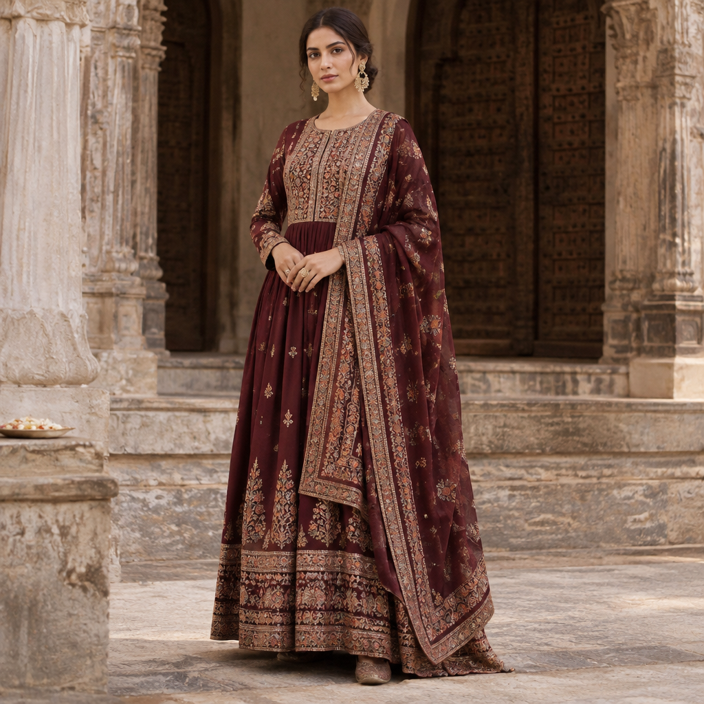 A Female Dress design, suitable for Fall. Consider Indian fashion aesthetics — consider saree, lehenga, salwar kameez, kurti, anarkali; local fabrics like chanderi, banarasi, chikankari, block prints; vibrant colors and rich embroidery. Current season is Autumn in India. Present it as professional fashion catalogue photography: the garment is the subject, shown full-length with editorial styling, neutral posing and tasteful, non-suggestive framing.
photorealistic fashion design, A Female Dress design, suitable for Fall. Consider Indian fashion aesthetics — consider saree, lehenga, salwar kameez, kurti, anarkali; local fabrics like chanderi, banarasi, chikankari, block prints; vibrant colors and rich embroidery. Current season is Autumn in India. Present it as professional fashion catalogue photography: the garment is the subject, shown full-length with editorial styling, neutral posing and tasteful, non-suggestive framing., just the design no text