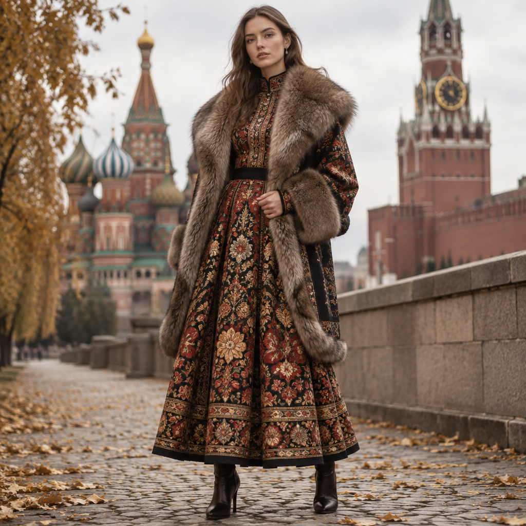 A Female Dress design, suitable for Fall. Consider Russian fashion — fur and layering traditions, bold patterns, mix of European elegance and Slavic folk motifs. Current season is Autumn in Russia. Present it as professional fashion catalogue photography: the garment is the subject, shown full-length with editorial styling, neutral posing and tasteful, non-suggestive framing.
photorealistic fashion design, A Female Dress design, suitable for Fall. Consider Russian fashion — fur and layering traditions, bold patterns, mix of European elegance and Slavic folk motifs. Current season is Autumn in Russia. Present it as professional fashion catalogue photography: the garment is the subject, shown full-length with editorial styling, neutral posing and tasteful, non-suggestive framing., just the design no text