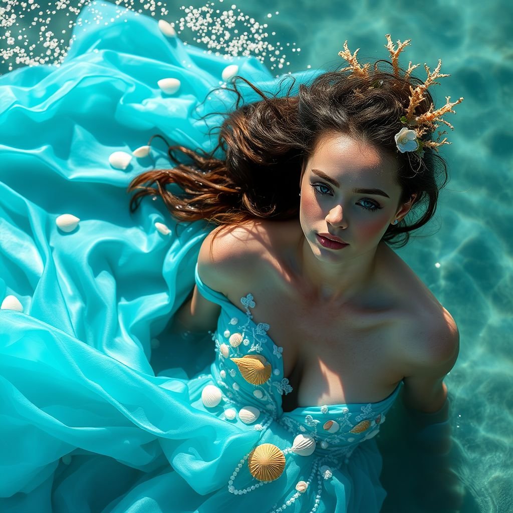 Long beautiful blue dress on a gorgeous girl in the water
Envision a flowing aquamarine gown, cascading ripples of silk that mimic ocean waves, adorned with hand-embroidered seashells and delicate pearls. The fabric shimmers under sunlight, enhancing the ethereal beauty of the model as she emerges from the water. Her hair, adorned with seaweed and coral, completes this enchanting seaside fantasy.