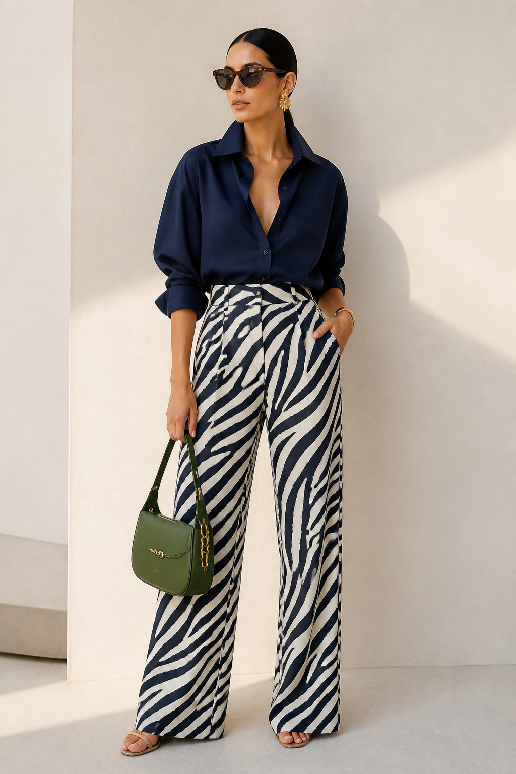 chic navy shirt and zebra peint pant wide leg and green bag
chic navy shirt and zebra peint pant wide leg and green bag , contemporary style