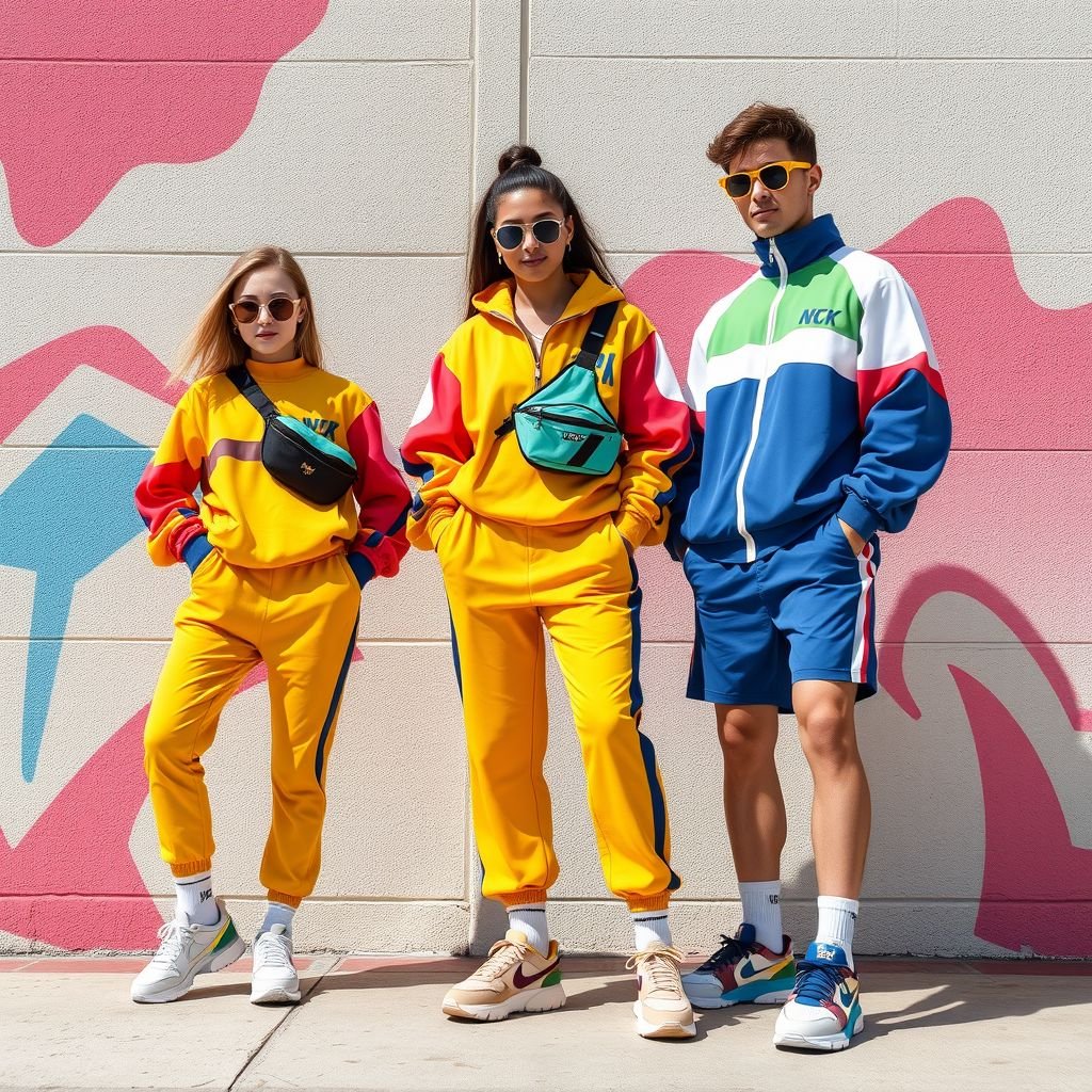 retro 90s trainingsanzug
Design a vibrant 90s-inspired training suit that captures the essence of retro fashion. Incorporate bold color-blocking, oversized silhouettes, and playful patterns like geometric shapes or graffiti-style prints. Accessorize with chunky sneakers, a fanny pack, and oversized sunglasses to complete the nostalgic vibe, evoking memories of iconic street style from the era.