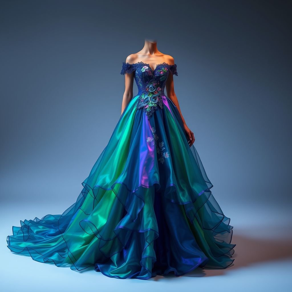 Dress
A vivid iridescent gown, cascading layers of organza in hues of deep emerald and sapphire. Off-the-shoulder neckline adorned with intricate lace detailing. Flowing silhouette, soft ruffles at the hem. Enchanting floral embroidery embellishing the bodice. A dramatic train trailing behind, echoes of starlit nights. Ethereal elegance, timeless grace, mood of whimsy.