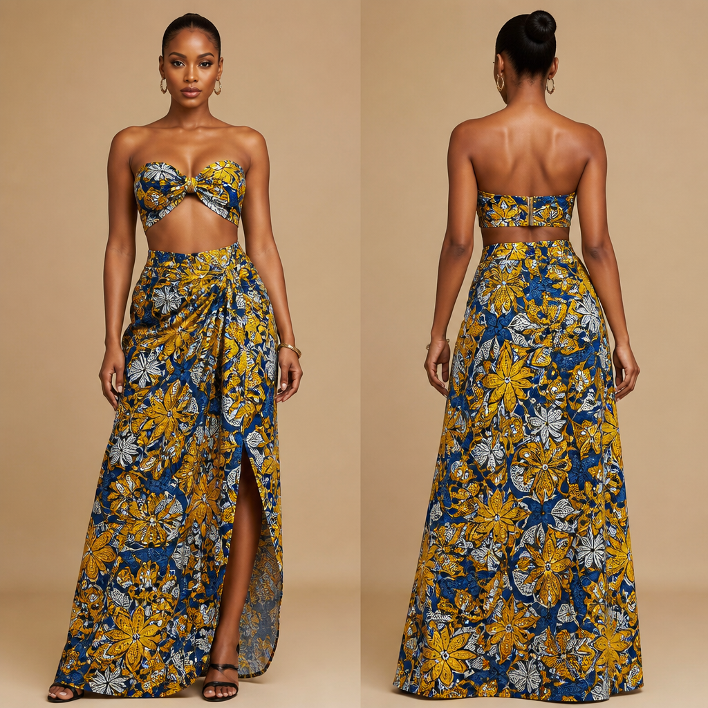 A Female Dress design, suitable for Summer. 2 piece set ankara. Nigeria fashion aesthetics.
photorealistic fashion design, A Female Dress design, suitable for Summer. 2 piece set ankara. Nigeria fashion aesthetics., just the design no text