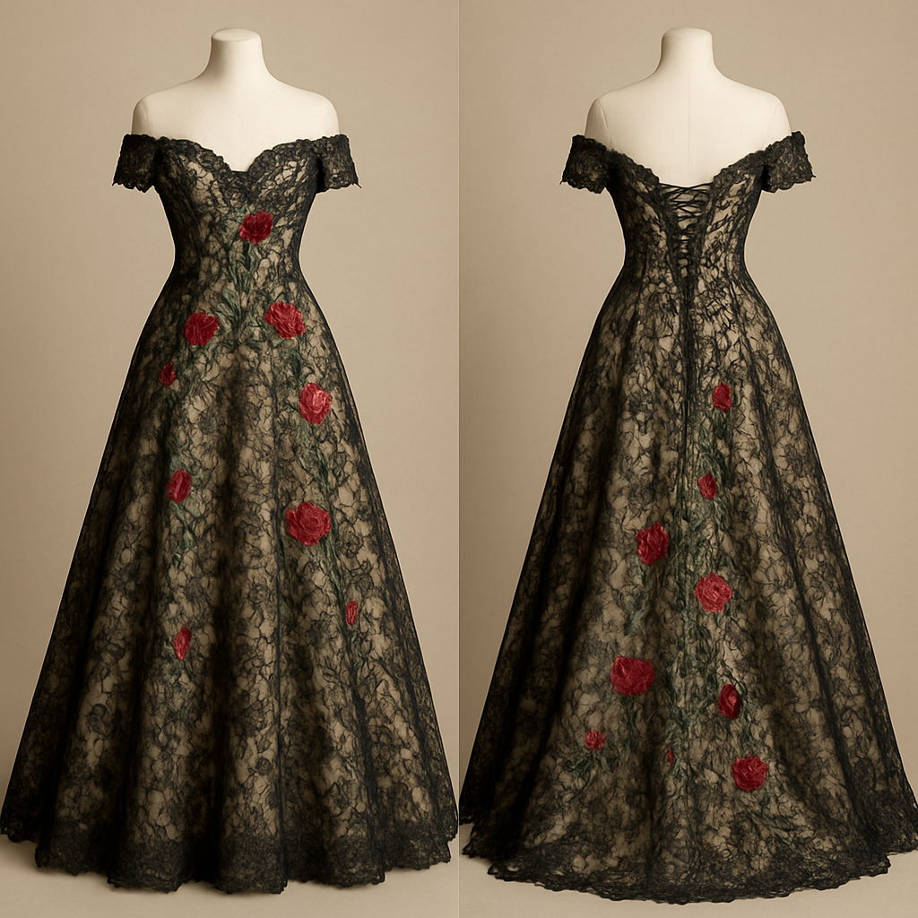 Lace wedding dress,black and champagne color, off the shoulder sleeves, and red roses and green vines embroidered on the dress. Corset top and lace up back.
Lace wedding dress,black and champagne color, off the shoulder sleeves, and red roses and green vines embroidered on the dress. Corset top and lace up back., classic style, show front and back