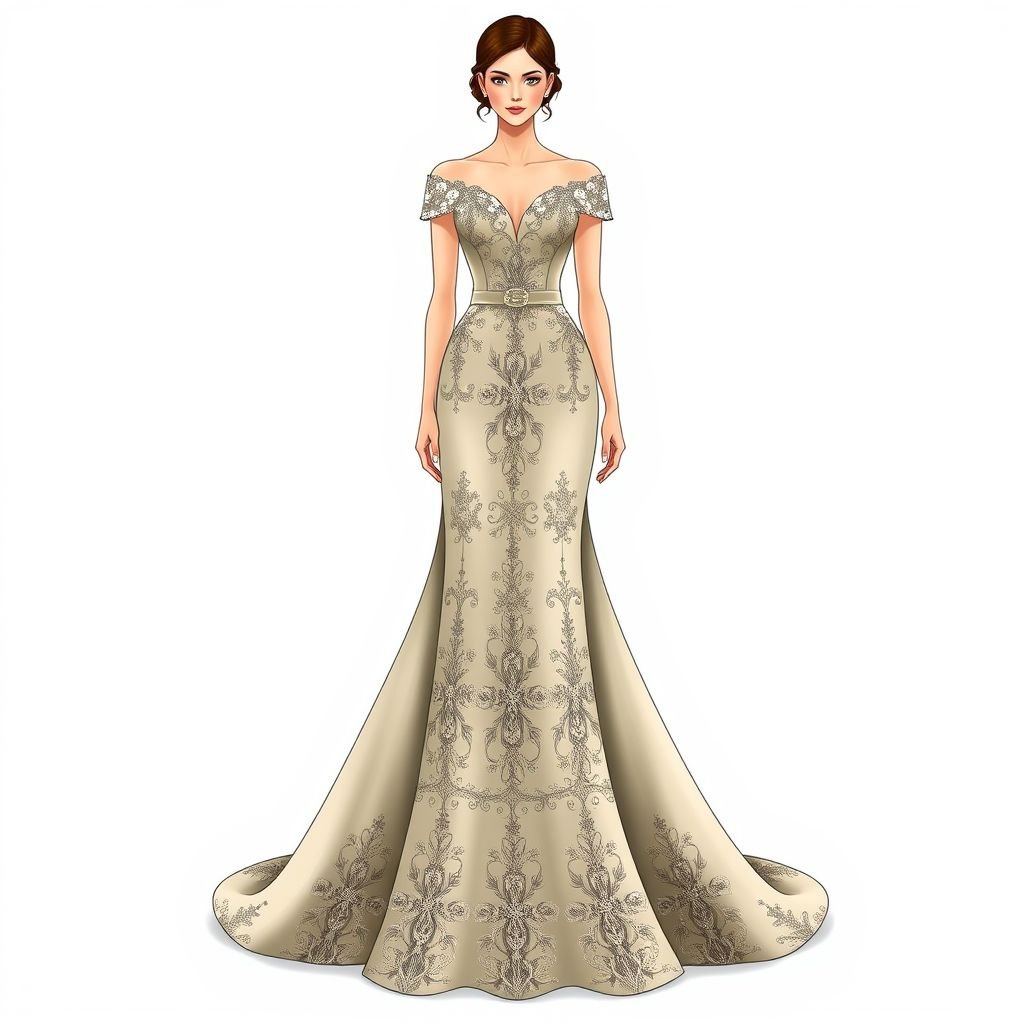 dress
Design an exquisite floor-length evening gown crafted from luxurious silk, featuring a fitted bodice adorned with intricate lace appliqués. The gown flows gracefully into a dramatic A-line silhouette, complemented by an elegant off-the-shoulder neckline. Incorporate a subtle train and a tasteful satin belt, enhancing the overall sophistication of this formal attire.
