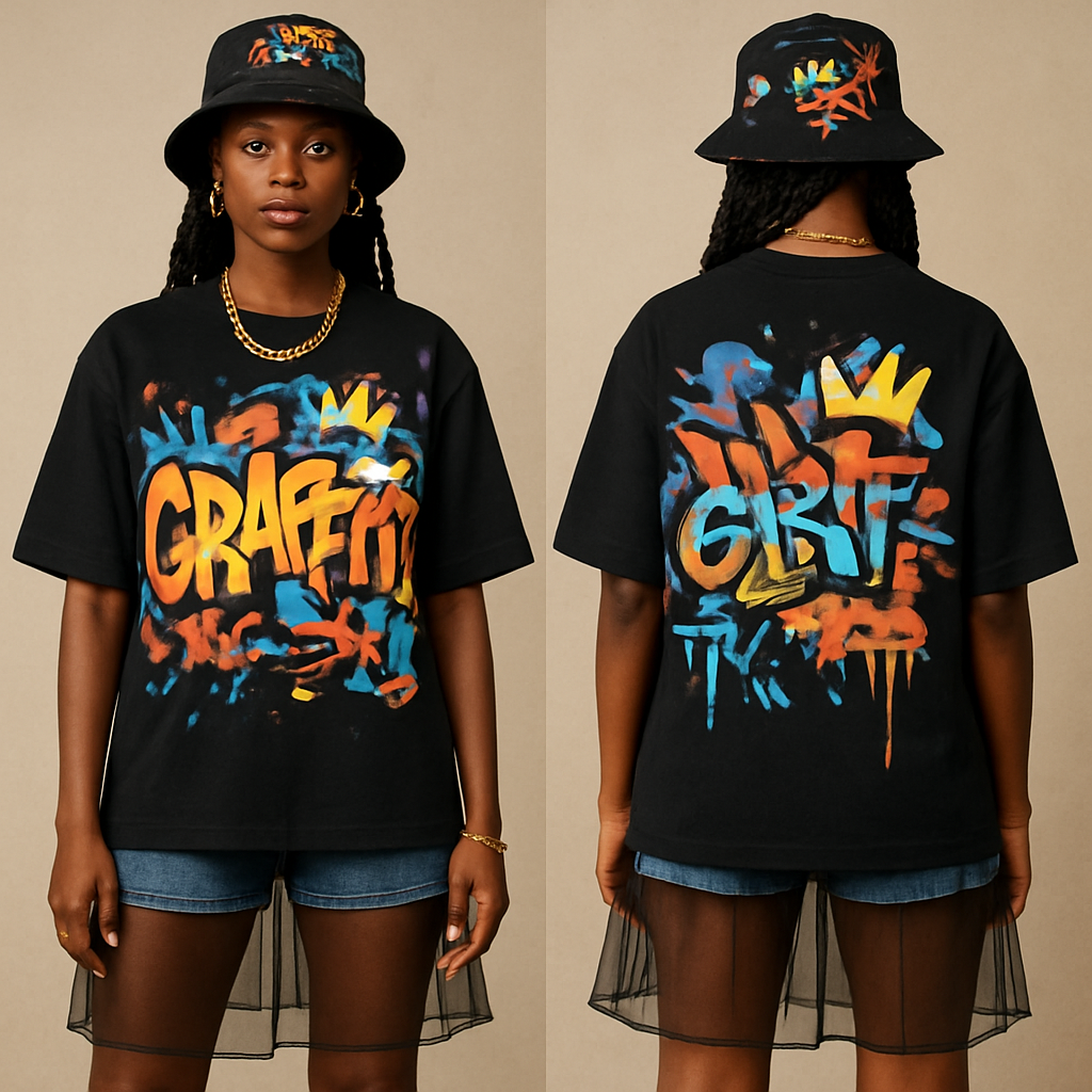 Black woman
Graffiti shirt
Shorts
See through skirt
hat with design
Gold jewelry
Black woman
Graffiti shirt
Shorts
See through skirt
hat with design
Gold jewelry
, streetwear style, show front and back
