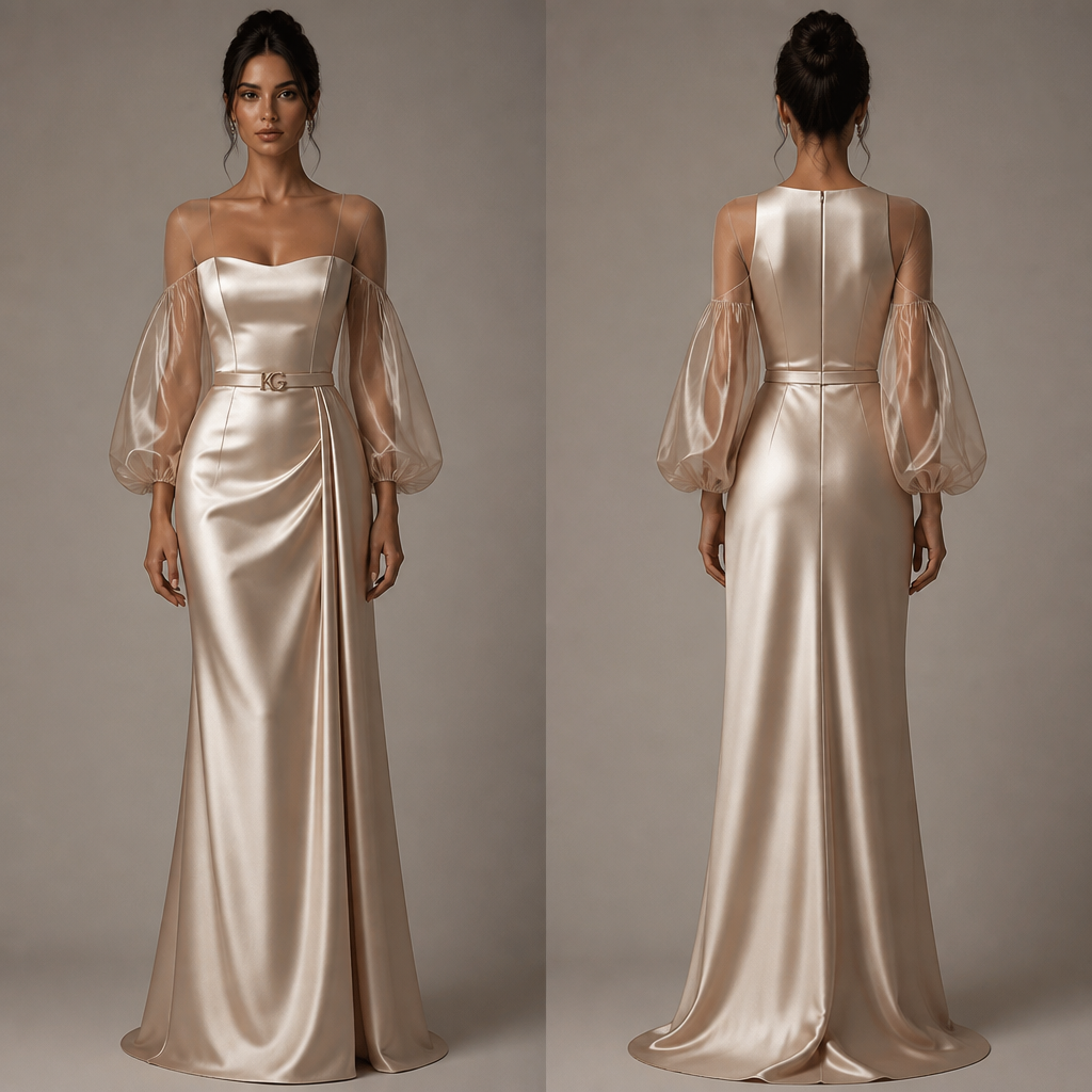 A Female Dress design, made of Satin, in Minimalist + Glamorous + Elegant style. сверху хочу чтобы показывала фигуру, снизу немного по свободнее, плечи пусть будут немного прозрачнее, фонарики чтобы они немного были опущены чтобы были видны плечи, спина будет закрыта и добавить мой бренд, хочу чтобы было где то на талии типо на ремне, но было вечернее платье. KG fashion aesthetics.
photorealistic fashion design, A Female Dress design, made of Satin, in Minimalist + Glamorous + Elegant style. сверху хочу чтобы показывала фигуру, снизу немного по свободнее, плечи пусть будут немного прозрачнее, фонарики чтобы они немного были опущены чтобы были видны плечи, спина будет закрыта и добавить мой бренд, хочу чтобы было где то на талии типо на ремне, но было вечернее платье. KG fashion aesthetics., minimalist style, just the design no text, show front and back