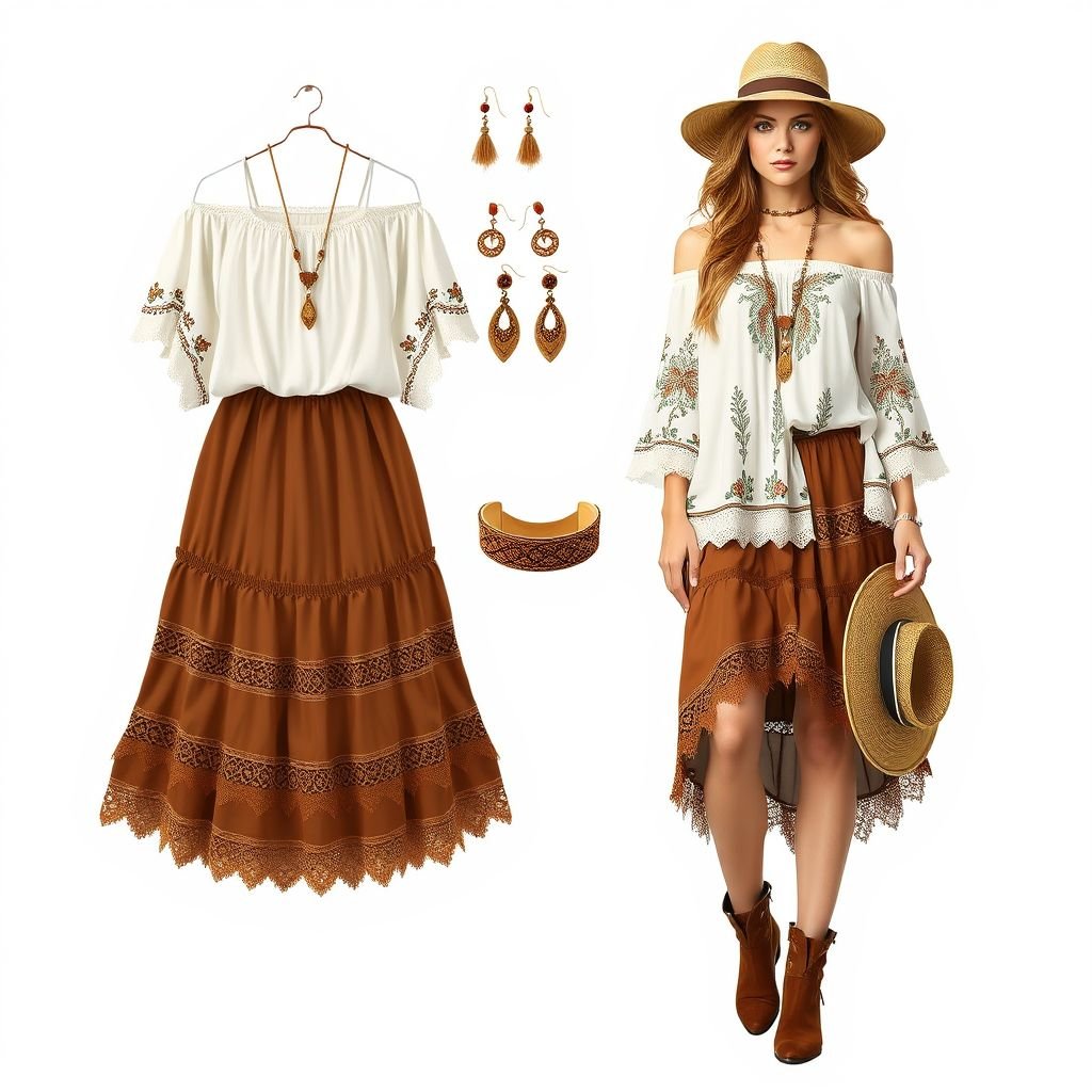 A brown Mixer skirt and white top
Design a bohemian-inspired outfit featuring a flowy brown mixer skirt, adorned with intricate lace trim and layered textures. Pair it with a lightweight, off-the-shoulder white blouse, featuring billowing sleeves and delicate embroidery. Accessorize with earthy-toned jewelry, wide-brimmed hats, and ankle boots for a free-spirited, chic vibe perfect for summer festivals.