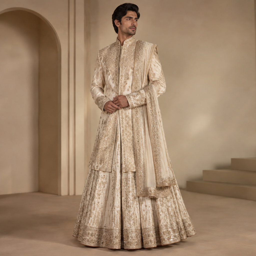 A Male Lehenga design, in Elegant style. AZ fashion aesthetics. Present it as professional fashion catalogue photography: the garment is the subject, shown full-length with editorial styling, neutral posing and tasteful, non-suggestive framing.
photorealistic fashion design, A Male Lehenga design, in Elegant style. AZ fashion aesthetics. Present it as professional fashion catalogue photography: the garment is the subject, shown full-length with editorial styling, neutral posing and tasteful, non-suggestive framing., elegant style, just the design no text