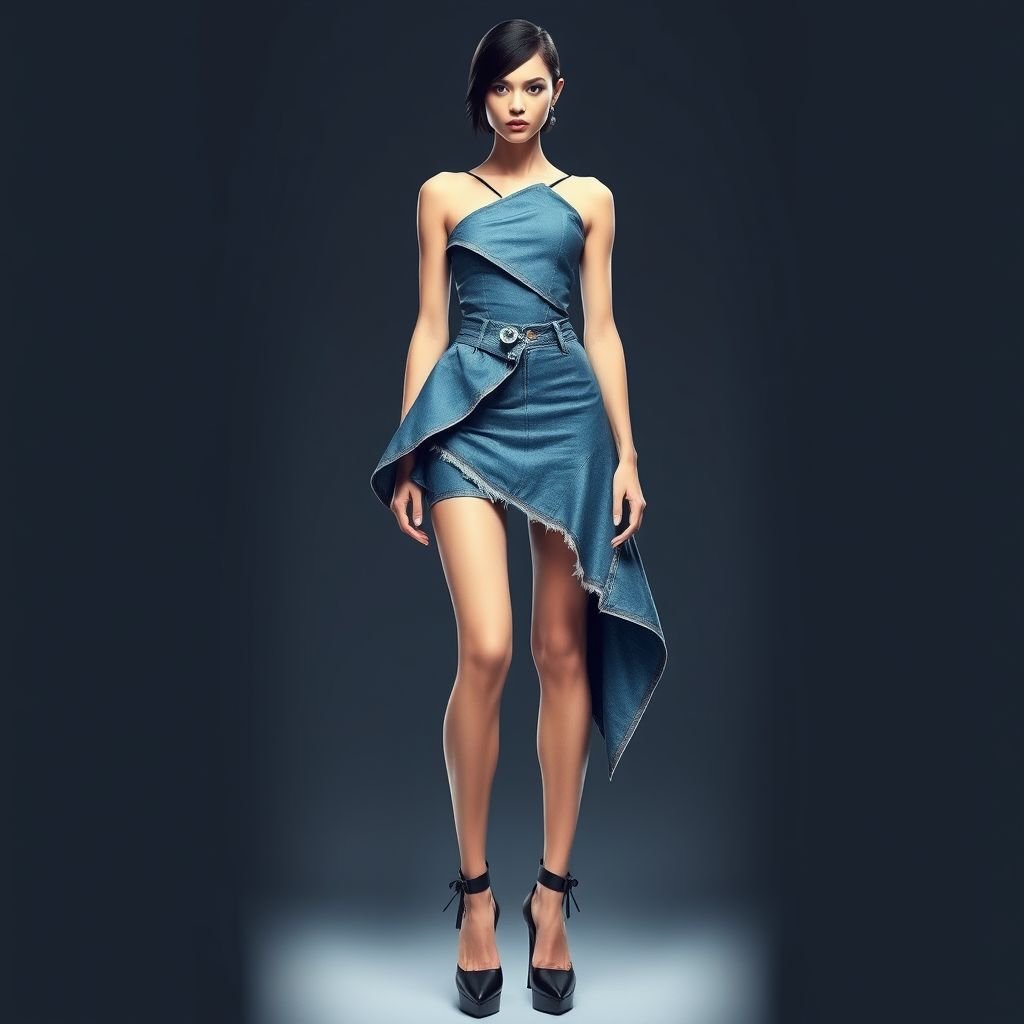 Denim with a short skirt, asymmetrical top, knee high heels and a flare
Design a striking avant-garde ensemble featuring a deconstructed denim short skirt paired with an asymmetrical top that boldly drapes at unconventional angles. Accentuate the look with knee-high heels that incorporate sculptural elements and unexpected textures, while a dramatic flair cascades from the waist, pushing the boundaries of traditional fashion aesthetics.