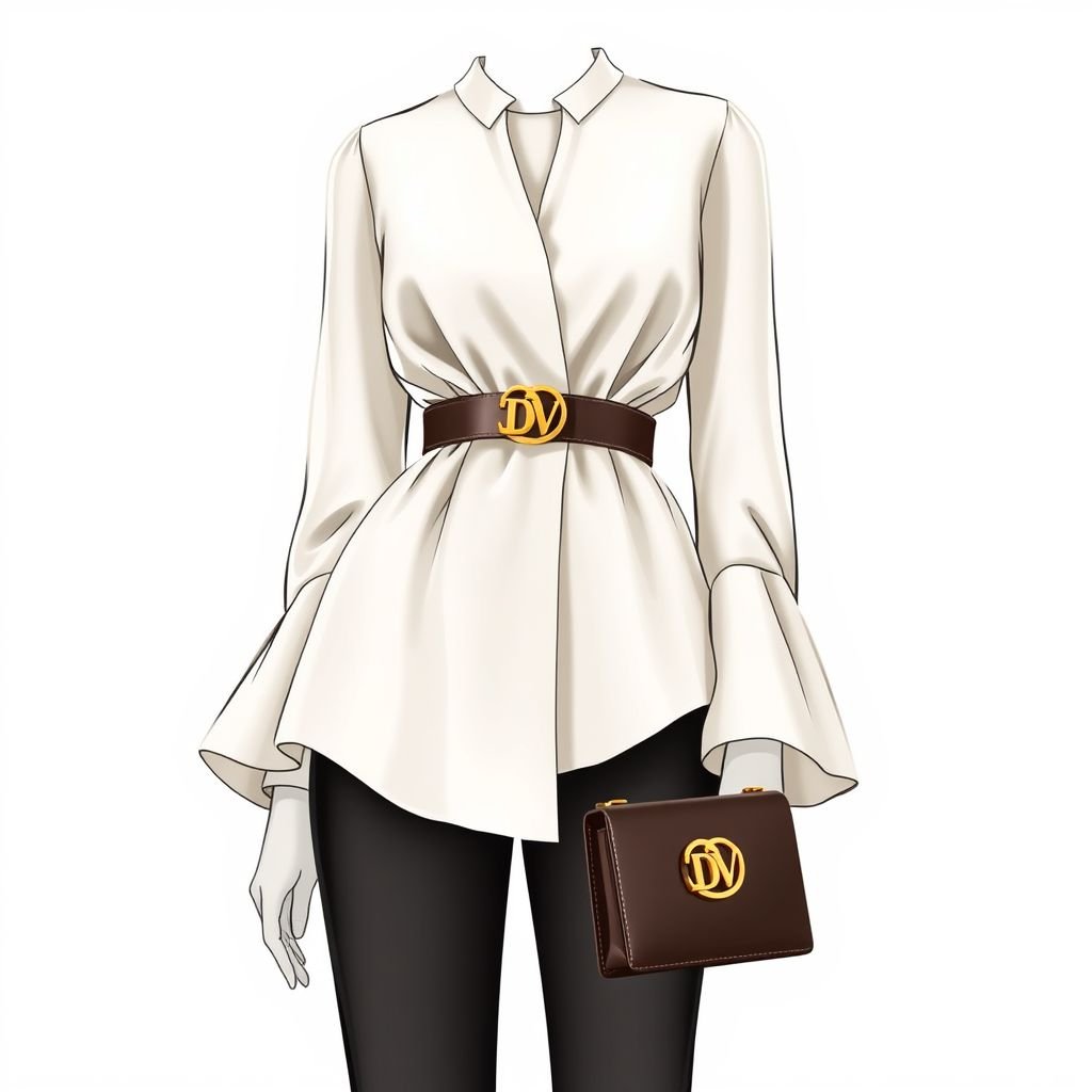 Women's Double-Layer flare Sleeve Tie-Front Blouse, with a belt around waist that says “DV” and “DV” on tag inside shirt. With heels on that has “DV” on bottom and a purse with DV on it to match the dress and heels
Design an exquisite women's double-layer flare sleeve blouse, expertly tailored for elegance. The soft, flowing fabric drapes gracefully, cinched at the waist with a chic "DV"-embossed belt. Pair it with stylish heels featuring "DV" on the soles and a complementary purse, completing a sophisticated ensemble that embodies timeless elegance and luxury.