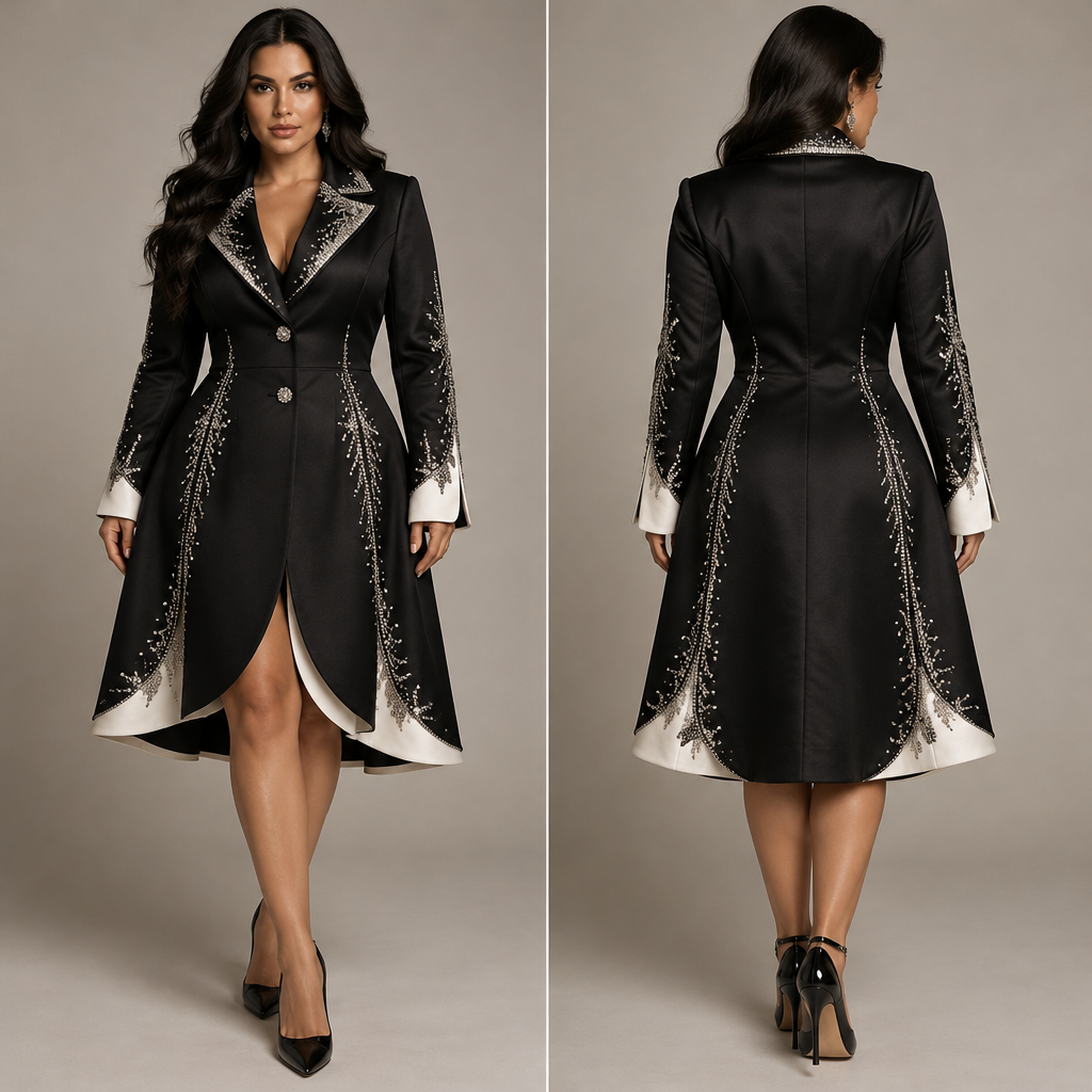 photorealistic fashion design, photorealistic fashion design, photorealistic fashion design, A Female Jacket design, made of Satin, with a rich, textured surface, with a Tailored silhouette, in an Earth Tones color palette, for Formal, suitable for Winter, in Business style, shown on a model with olive skin and a curvy figure. rhinestones design. JM fashion aesthetics. Present it as professional fashion catalogue photography: the garment is the subject, shown full-length with editorial styling, neutral posing and tasteful, non-suggestive framing., business style, just the design no text, show front and back. Refinement: change to black, just the design no text. Refinement: remove the pants make the jacket longer, just the design no text. Refinement: add a little bit of white to the ends
photorealistic fashion design, photorealistic fashion design, photorealistic fashion design, photorealistic fashion design, A Female Jacket design, made of Satin, with a rich, textured surface, with a Tailored silhouette, in an Earth Tones color palette, for Formal, suitable for Winter, in Business style, shown on a model with olive skin and a curvy figure. rhinestones design. JM fashion aesthetics. Present it as professional fashion catalogue photography: the garment is the subject, shown full-length with editorial styling, neutral posing and tasteful, non-suggestive framing., business style, just the design no text, show front and back. Refinement: change to black, just the design no text. Refinement: remove the pants make the jacket longer, just the design no text. Refinement: add a little bit of white to the ends, just the design no text