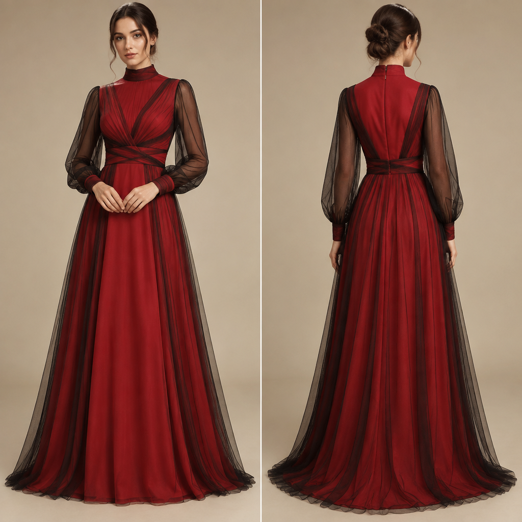 A Female Dress design, with modest, full coverage: longer hemlines, higher necklines and covered shoulders, suitable for Fall. a red dress , just like the example i draw sketch , but the black pieces i draw make them as a tissue mesh dress Present it as professional fashion catalogue photography: the garment is the subject, shown full-length with editorial styling, neutral posing and tasteful, non-suggestive framing.
photorealistic fashion design, A Female Dress design, with modest, full coverage: longer hemlines, higher necklines and covered shoulders, suitable for Fall. a red dress , just like the example i draw sketch , but the black pieces i draw make them as a tissue mesh dress Present it as professional fashion catalogue photography: the garment is the subject, shown full-length with editorial styling, neutral posing and tasteful, non-suggestive framing., just the design no text, show front and back