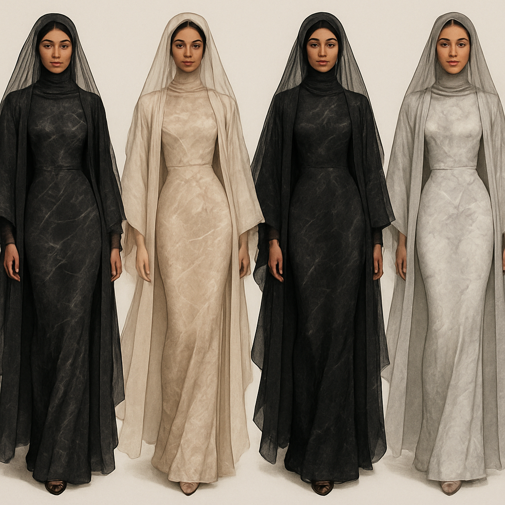 Create a modest sexy elegant fittted dress with a veil and kimono, the first of its kind, featuring a unique stone design that exudes a classy and sophisticated vibe. I'd like four designs, each showcasing different styles and fabrics. Incorporate high-end, unique chic stone designs to make them truly special. Add little sophisticated stone designs.
Create a modest sexy elegant fittted dress with a veil and kimono, the first of its kind, featuring a unique stone design that exudes a classy and sophisticated vibe. I'd like four designs, each showcasing different styles and fabrics. Incorporate high-end, unique chic stone designs to make them truly special. Add little sophisticated stone designs.