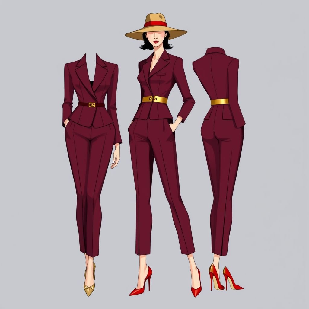 Wine colour jumpsuit for women with a hat included and with gold belt around the waist and gold and red heels
Design a sophisticated women's wine-colored jumpsuit featuring tailored lines for a sleek silhouette, perfect for the modern businesswoman. Pair it with an elegant wide-brimmed hat for a chic touch. Accent the waist with a luxurious gold belt, and complete the ensemble with striking gold and red heels for a bold statement.