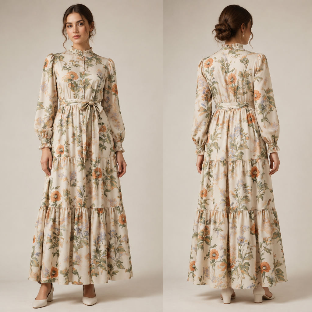 A Female Dress design, with modest, full coverage: longer hemlines, higher necklines and covered shoulders, suitable for Spring, in Casual style. atrocious, elegant ,rebel Present it as professional fashion catalogue photography: the garment is the subject, shown full-length with editorial styling, neutral posing and tasteful, non-suggestive framing.
photorealistic fashion design, A Female Dress design, with modest, full coverage: longer hemlines, higher necklines and covered shoulders, suitable for Spring, in Casual style. atrocious, elegant ,rebel Present it as professional fashion catalogue photography: the garment is the subject, shown full-length with editorial styling, neutral posing and tasteful, non-suggestive framing., casual style, just the design no text, show front and back
