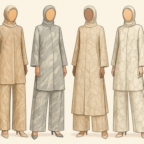 Create a modest two piece loose pant and long dress , first of its kind, featuring a unique stone design that exudes a classy and sophisticated vibe. I'd like four designs, each showcasing different styles and fabrics. Incorporate high-end, unique chic stone designs to make them truly special. Add little sophisticated stone designs. Make it irresistible!