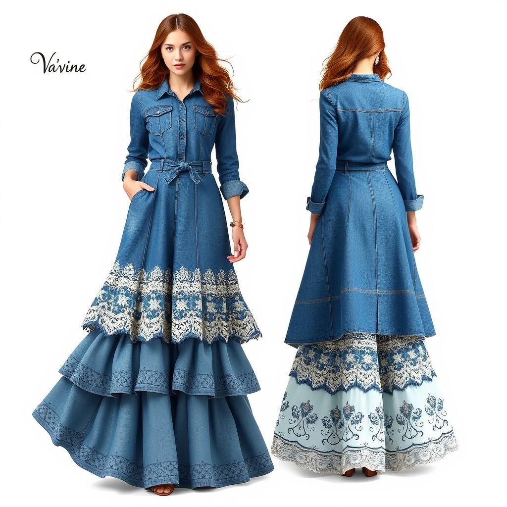 Create me a fashion set with a top and skirt with lace and eyelets. I want the skirt triple layered. It needs to be a maxi, modest and covered. Unqiue, runway or causal. No nakedness. Put “Da’Vine” on the screen somewhere.
Design a chic denim fashion set featuring a triple-layered maxi skirt adorned with intricate lace and eyelet details that cascade elegantly to the floor. Pair it with a structured denim top that balances feminine allure and modesty, perfect for casual or runway occasions. Showcase "Da’Vine" artfully integrated into the design, highlighting this standout look.