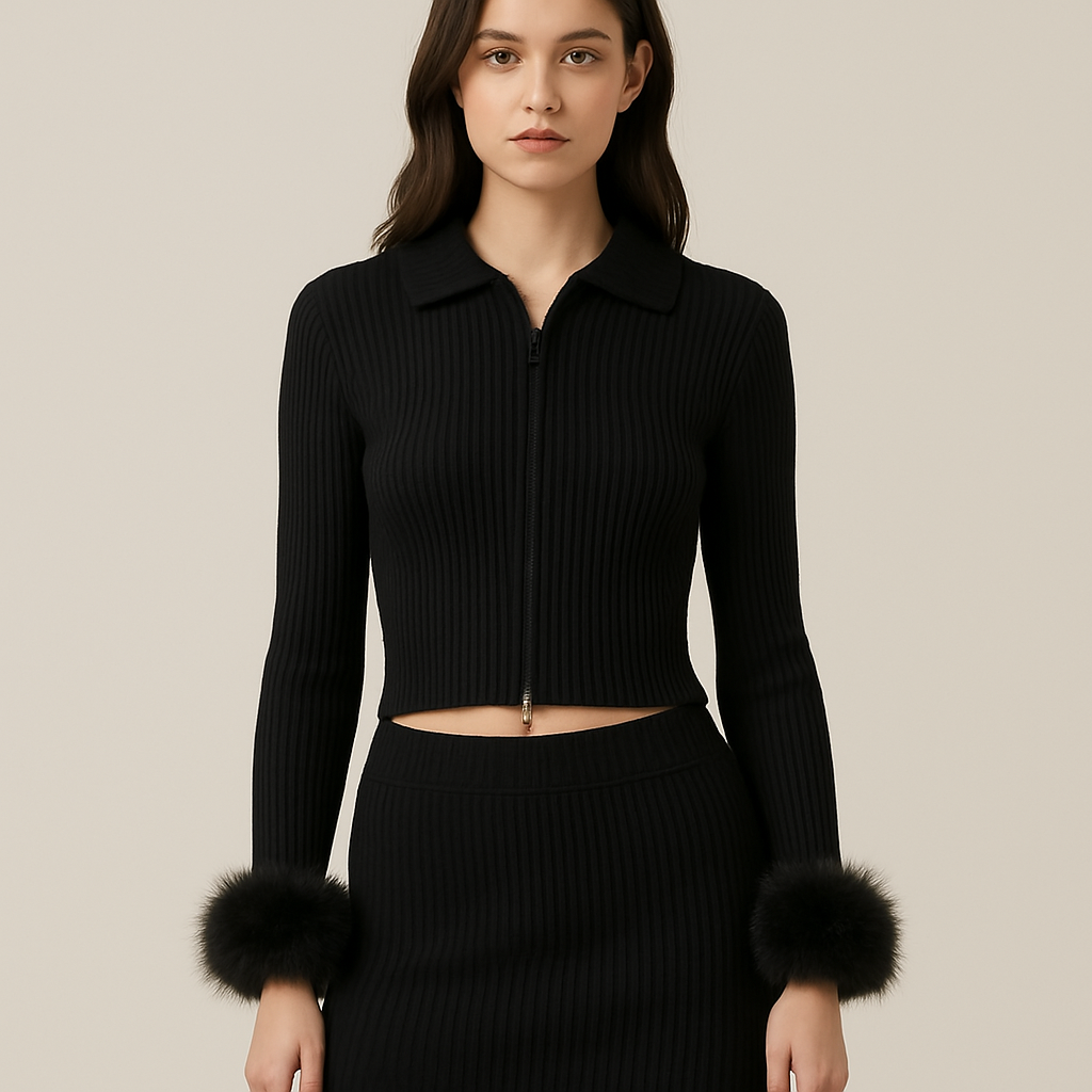 Black zip up ribbed cardigan with black faux fur cuff on sleeves
No collar and reduce cuff size and make cuffs fluffier
Make zip black add collar back and add matching mini skirt
Make skirt slightly lower waist and cardigan slightly shorter to show little bit of torso
Black zip up ribbed cardigan with black faux fur cuff on sleeves
No collar and reduce cuff size and make cuffs fluffier
Make zip black add collar back and add matching mini skirt
Make skirt slightly lower waist and cardigan slightly shorter to show little bit of torso