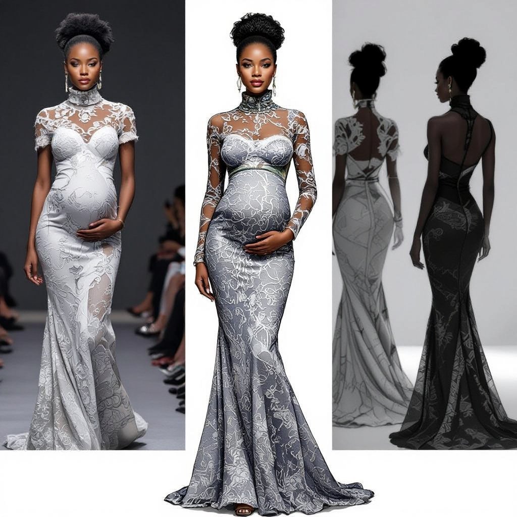 A full picture from head to toe of pencil sketch of an African black woman of a pregnant woman in a beaded turtle neck lace maternity dress full head to toe pencil sketch
A full picture from head to toe of pencil sketch of an African black woman of a pregnant woman in a beaded, form-fitting, turtle neck, lace maternity dress.