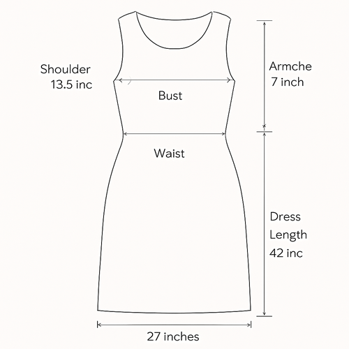 لكتف
13.5 إنش

عمق الإبط
7 إنش

الصدر
16.5 إنش

الخصر
20 إنش 

الطول
42 إنش

عرض الأسفل
27 إنش

اكتب القياسات بطريقة صحيحة 

وفي أماكنها 
لا أريد كم
