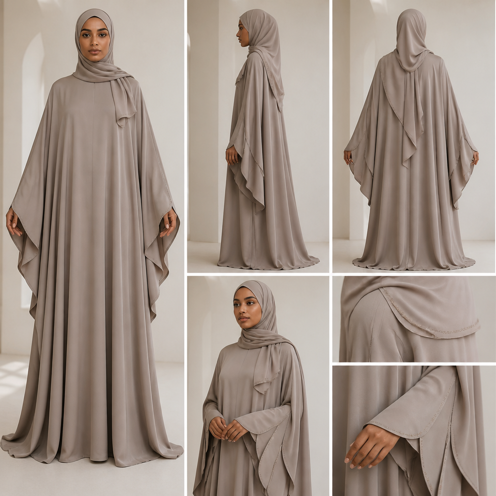 Create a completely original luxury modest-fashion design for my hijab brand, AYZALHIJABS.
Design a very loose, oversized full-length BUBU gown with a beautiful fluid silhouette. The gown must be extremely free-flowing and comfortable, with no waist definition or body-hugging shape. It should fall elegantly from the shoulders all the way to the floor.
The neckline must be very modest and fully covered up to the neck, with no exposed chest or cleavage.
Make the SLEEVES the main statement of the design. Do NOT create ordinary wide Bubu sleeves, bell sleeves, bishop sleeves, balloon sleeves, or common batwing sleeves. Create an unusual couture-inspired sleeve: a wide flowing sleeve that develops into two overlapping soft fabric panels near the wrist, creating a subtle wing-like opening when the wearer moves her hands. The two panels should flow elegantly and create beautiful movement while walking or turning. Keep the design sophisticated, feminine and wearable.
Add very subtle premium detailing around the sleeve opening, such as delicate piping, tonal embroidery or a refined fabric edge. Keep the body of the gown mostly clean and minimal so the sleeve design remains the focal point.
Design a UNIQUE SMALL HIJAB specifically to complement this gown. Do not use a standard rectangular hijab or a common wrapped scarf. Create a neat, elegant, softly sculpted small hijab with a clean face frame and a simple asymmetric flowing tail. One side should have a slightly longer curved fabric tail that falls gracefully over the gown, while the other side remains shorter. Add a subtle layered fold near the shoulder that visually connects with the gown’s sleeve design.
The hijab must be small, elegant and lightweight-looking, not bulky. It should sit beautifully on the head and flow naturally over the loose gown.
The entire outfit should look like ONE coordinated designer set, not a random gown with a separate hijab.
Aesthetic: sophisticated, luxurious, feminine, modern African modest fashion, minimalist couture, elegant and distinctive, premium fashion-brand quality.
Show the design on a realistic female fashion model wearing the complete outfit. The model must be fully modestly dressed and completely covered.
Generate a professional fashion-design presentation showing:
1. Full front view
2. Full side view
3. Full back view
4. Three-quarter view showing the sleeve construction
5. Close-up of the unique sleeve and hijab details
Show realistic fabric texture, natural folds and realistic fabric movement. The gown must look physically possible for a professional tailor to sew.
Avoid: ordinary Bubu designs, common sleeves, excessive embellishment, tight fitting, waist shaping, exposed neck/chest, bulky hijab, complicated patterns, excessive beads or rhinestones.
Make the design look NEW, distinctive and commercially wearable as a signature AYZALHIJABS design.
photorealistic fashion design, Create a completely original luxury modest-fashion design for my hijab brand, AYZALHIJABS.
Design a very loose, oversized full-length BUBU gown with a beautiful fluid silhouette. The gown must be extremely free-flowing and comfortable, with no waist definition or body-hugging shape. It should fall elegantly from the shoulders all the way to the floor.
The neckline must be very modest and fully covered up to the neck, with no exposed chest or cleavage.
Make the SLEEVES the main statement of the design. Do NOT create ordinary wide Bubu sleeves, bell sleeves, bishop sleeves, balloon sleeves, or common batwing sleeves. Create an unusual couture-inspired sleeve: a wide flowing sleeve that develops into two overlapping soft fabric panels near the wrist, creating a subtle wing-like opening when the wearer moves her hands. The two panels should flow elegantly and create beautiful movement while walking or turning. Keep the design sophisticated, feminine and wearable.
Add very subtle premium detailing around the sleeve opening, such as delicate piping, tonal embroidery or a refined fabric edge. Keep the body of the gown mostly clean and minimal so the sleeve design remains the focal point.
Design a UNIQUE SMALL HIJAB specifically to complement this gown. Do not use a standard rectangular hijab or a common wrapped scarf. Create a neat, elegant, softly sculpted small hijab with a clean face frame and a simple asymmetric flowing tail. One side should have a slightly longer curved fabric tail that falls gracefully over the gown, while the other side remains shorter. Add a subtle layered fold near the shoulder that visually connects with the gown’s sleeve design.
The hijab must be small, elegant and lightweight-looking, not bulky. It should sit beautifully on the head and flow naturally over the loose gown.
The entire outfit should look like ONE coordinated designer set, not a random gown with a separate hijab.
Aesthetic: sophisticated, luxurious, feminine, modern African modest fashion, minimalist couture, elegant and distinctive, premium fashion-brand quality.
Show the design on a realistic female fashion model wearing the complete outfit. The model must be fully modestly dressed and completely covered.
Generate a professional fashion-design presentation showing:
1. Full front view
2. Full side view
3. Full back view
4. Three-quarter view showing the sleeve construction
5. Close-up of the unique sleeve and hijab details
Show realistic fabric texture, natural folds and realistic fabric movement. The gown must look physically possible for a professional tailor to sew.
Avoid: ordinary Bubu designs, common sleeves, excessive embellishment, tight fitting, waist shaping, exposed neck/chest, bulky hijab, complicated patterns, excessive beads or rhinestones.
Make the design look NEW, distinctive and commercially wearable as a signature AYZALHIJABS design., just the design no text, show front and back