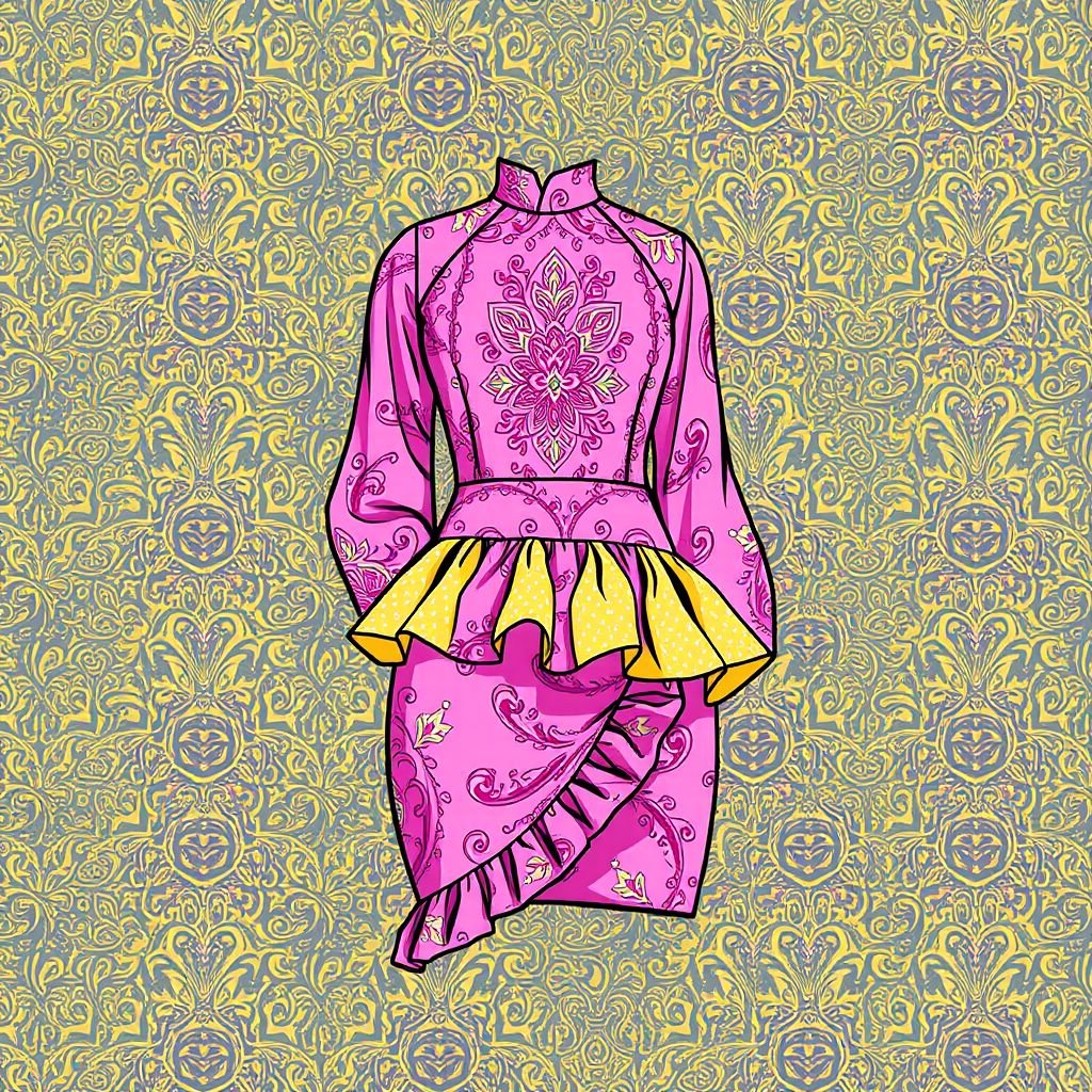 Create a high neck mini bodycon dress with long bishop sleeves and put ruffles where the hips begin and use the colors light pink, hot pink, yellow and GREY NOT CREAM OR BEIGE as the background color for the bandana paisley print that has the of the bandanna paisley print
Design a vibrant summer mini bodycon dress featuring a high neck and airy long bishop sleeves. Emphasize playful ruffles starting at the hips, embodying flirty summer vibes. Utilize a lively background of bandana paisley print in light pink, hot pink, yellow, and a striking grey that enhances the warm season's spirit.
