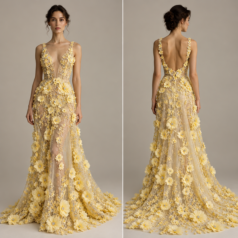 I want to create a long, pale yellow dress made of flowers and stones, with a sheer base fabric.
edit the attached fashion design with these instructions: I want to create a long, pale yellow dress made of flowers and stones, with a sheer base fabric.. keep it photorealistic, just the design no text