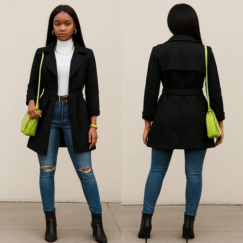 White turtleneck short sleeves black trench coat 
Fitted ripped jeans
Gold belt on pants 
Gold necklace 
Heel boots 
Lime green earrings and bracelet 
Sew in 
Lime green purse 