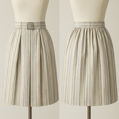 A skirt made of striped cotton fabric. A skirt with a fitted waist line. The back is gathered and the front has two box pleats  it has a belt 