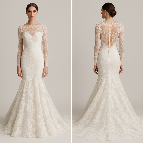 Chantilly lace, mermaid wedding dress,elaborate train, long sleeve, sheer look at the yoke
