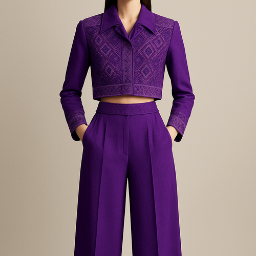 Le Haut (Crop Jacket / Chemisier Court)
Le haut est une pièce courte de type blouson ou chemisier structuré qui s'arrête au-dessus de la taille, créant un crop top.
• Col : Il présente un col à revers pointu (comme un col de chemise ou de veste) qui est la zone la plus richement détaillée du vêtement.
• Motifs Principaux (Torse/Col) : La poitrine et l'encolure sont ornées de motifs géométriques complexes. Ces motifs semblent être des broderies ou des applications en relief formant des zigzags, des losanges, et des chevrons. La symétrie et la densité de ces motifs suggèrent un travail artisanal.
• Boutonnière/Fermeture : La fermeture est subtile ou cachée, car le centre du devant est dominé par les motifs.
• Manches : Les manches sont longues. Les poignets se terminent par des bandes de motifs répétés, similaires à ceux du col, servant de bordure.
• Ourlet : L'ourlet du haut est droit ou légèrement incurvé et s'arrête juste au niveau de la taille naturelle, exposant une petite bande de peau (ou le haut de la taille du pantalon).
👖 Le Bas (Pantalon Taille Haute)
Le pantalon est un modèle taille haute avec une coupe droite et ample (ou wide-leg).
• Taille : La taille est marquée et ajustée. Il y a une bande de tissu qui sert de ceinture, parfois ornée d'un motif discret ou de petits détails.
• Poches : Le pantalon comporte des poches latérales insérées (à l'italienne) sur les hanches, signalées par les mains du modèle glissées dedans.
• Coupe : La coupe est fluide et décontractée, tombant droit du bassin jusqu'au sol. L'absence de plis ou de détails compliqués sur les jambes met l'accent sur la simplicité du bas pour mieux contraster avec l'opulence du haut.
• Longueur : Les jambes semblent très longues et touchent le sol, ce qui renforce l'allure élégante et élancée.
🧵 Style et Inspiration Générale
• Silhouette : La silhouette est élancée et moderne, juxtaposant un haut court et structuré avec un pantalon ample et fluide.
• Thème : Le design s'inspire clairement d'une esthétique folk/ethnique, les motifs étant le point focal. Il pourrait s'agir d'une réinterprétation moderne d'un vêtement traditionnel (comme une variation des vestes marocaines ou des motifs d'Amérique du Sud).
• Matériaux suggérés : Pour le haut, un tissu qui se tient (comme du coton structuré, du lin épais ou de la soie brodée). Pour le bas, un tissu fluide (crêpe, viscose, ou un satin mat) qui drapera bien.
C'est un ensemble qui est à la fois habillé grâce aux broderies, et confortable/contemporain grâce à la coupe du pantalon large. 
Et l'ensemble est d'une couleure vivid violet 