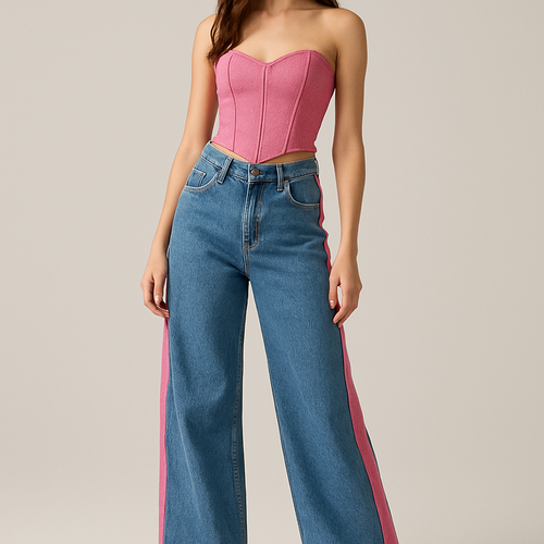 Low rise wide leg denim jeans with pink stripe down the side and matching pink corset top