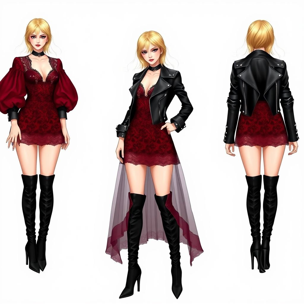 Oxblood, lace, tulle, mini, mutton sleeves, leather, over the knee boots
Design a daring rock-inspired ensemble featuring a mini dress of luxurious oxblood lace layered with ethereal tulle. Highlight voluminous mutton sleeves for dramatic flair. Add a sleek black leather jacket adorned with metal studs. Complete the look with striking over-the-knee boots, exuding edgy confidence and fierce individuality, perfect for any rockstar.