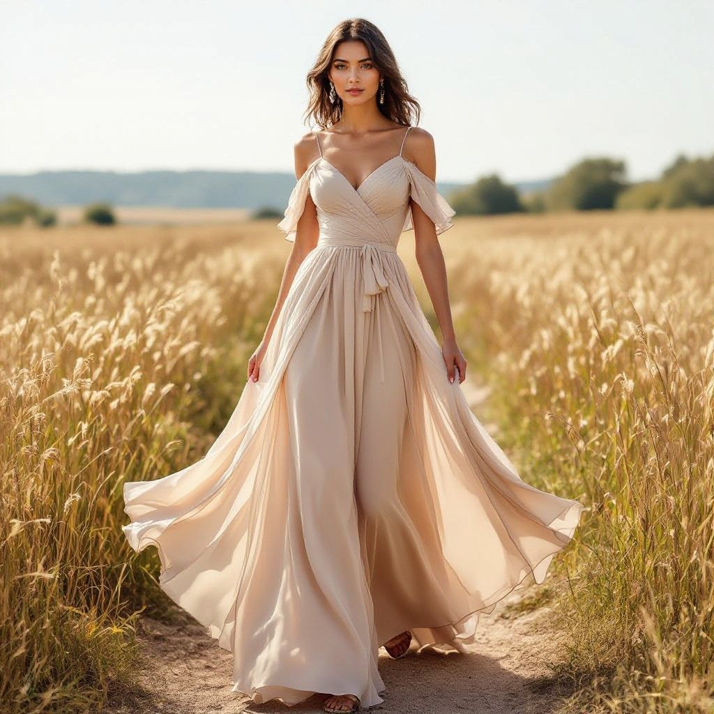 Sugary beige colored dress crosse waist with an open top with sheer light skirt and off shoulder
Sugary beige colored chiffon dress, criss-cross waist, open V-neck, sheer A-line skirt, and off-shoulder detail.