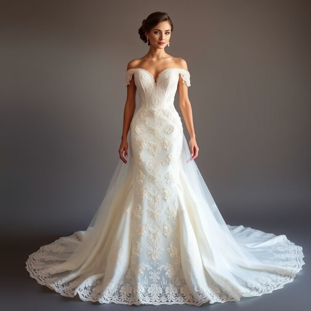 Wedding dress ,lace, full of rhinestones
Design an elegant wedding dress featuring delicate lace overlays adorned with intricate rhinestone embellishments, capturing a timeless formal aesthetic. Incorporate a fitted bodice that flows into a majestic train, with off-shoulder sleeves and a cinched waist. Opt for a soft ivory hue to enhance the opulent, romantic feel of the ensemble.