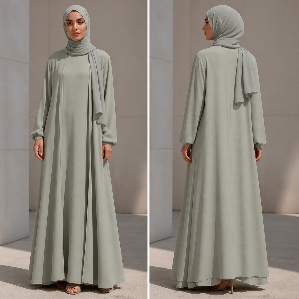A Female Dress design, with modest, full coverage: longer hemlines, higher necklines and covered shoulders, suitable for Summer. ليس مجرد حجاب عازل، بل "طقم" يتكون من حجاب متناسق تماماً في القماش واللون مع قطعة علوية (كارديجان طويل أو كاب أنيق). Present it as professional fashion catalogue photography: the garment is the subject, shown full-length with editorial styling, neutral posing and tasteful, non-suggestive framing.
photorealistic fashion design, A Female Dress design, with modest, full coverage: longer hemlines, higher necklines and covered shoulders, suitable for Summer. ليس مجرد حجاب عازل، بل "طقم" يتكون من حجاب متناسق تماماً في القماش واللون مع قطعة علوية (كارديجان طويل أو كاب أنيق). Present it as professional fashion catalogue photography: the garment is the subject, shown full-length with editorial styling, neutral posing and tasteful, non-suggestive framing., just the design no text