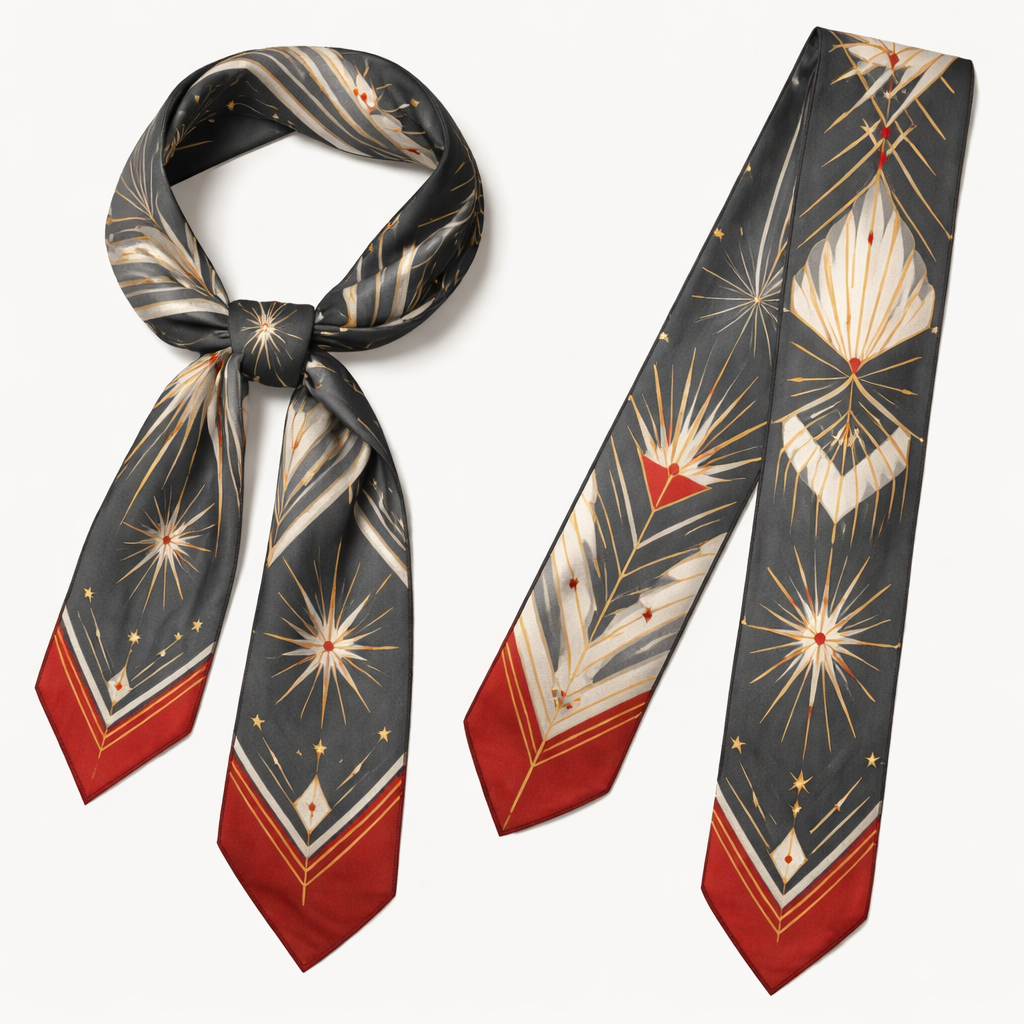 Design a silk scarf that is 5x86cm for the world cup 2026 with no logos or wording
Large negative space
• Art Deco elements (KC has great Art Deco heritage
Charcoal / soft white with red
Design a silk scarf that is 5x86cm for the world cup 2026 with no logos or wording
Large negative space
• Art Deco elements (KC has great Art Deco heritage
Charcoal / soft white with red, classic style, show front and back