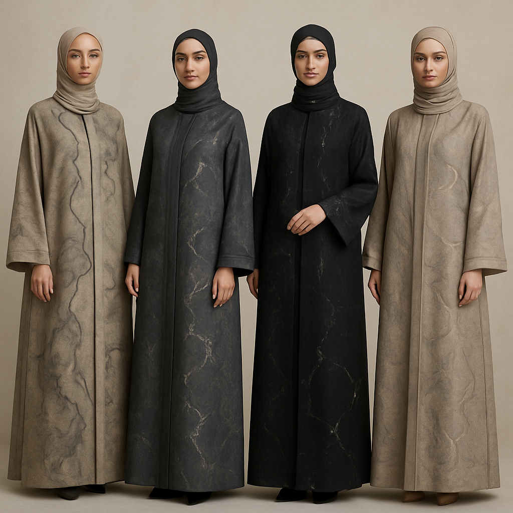 Create a modest abaya, the first of its kind, featuring a unique stone design that exudes a classy and sophisticated vibe. I'd like four designs, each showcasing different styles and fabrics. Incorporate high-end, unique chic stone designs to make them truly special. Add little sophisticated stone designs.
Create a modest abaya, the first of its kind, featuring a unique stone design that exudes a classy and sophisticated vibe. I'd like four designs, each showcasing different styles and fabrics. Incorporate high-end, unique chic stone designs to make them truly special. Add little sophisticated stone designs.