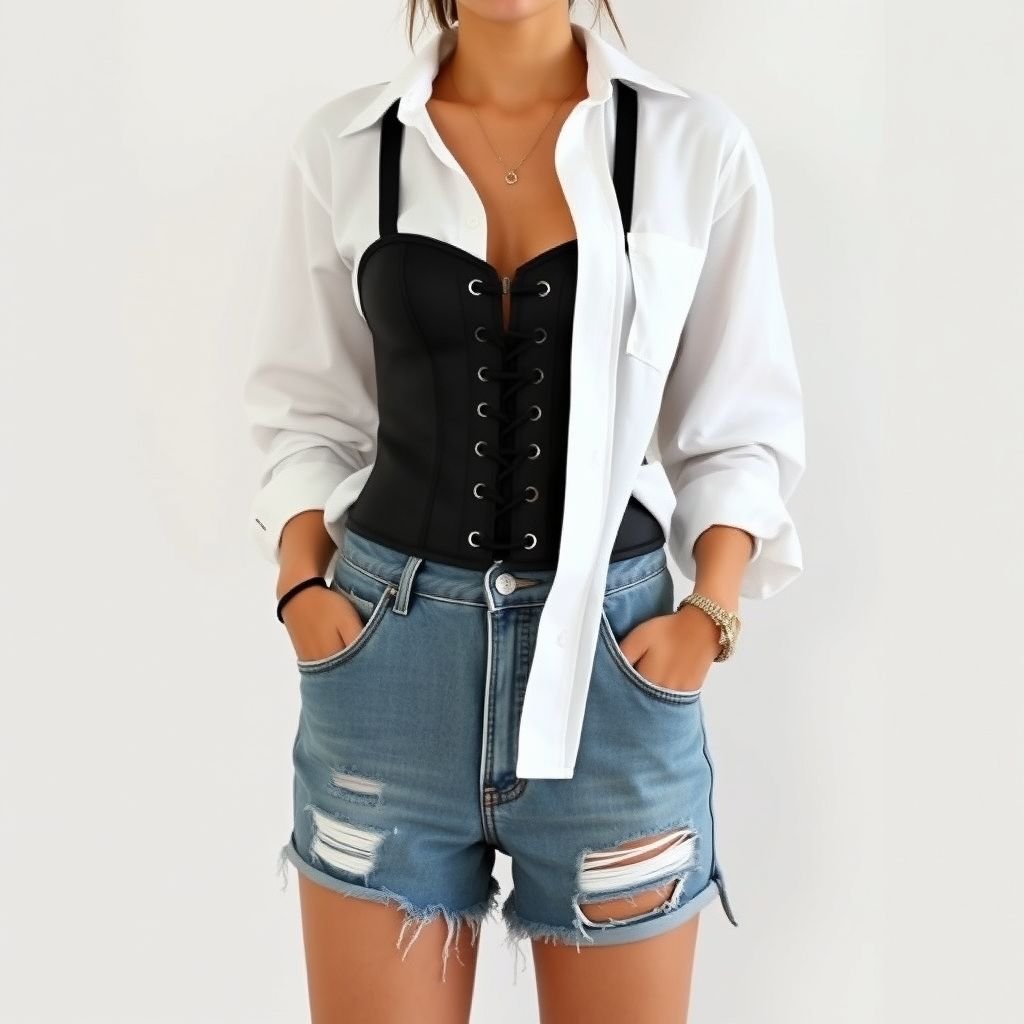 black corset
Design a casual ensemble featuring a sleek black corset as the centerpiece. Pair it with high-waisted, distressed denim shorts for a relaxed vibe. Add a soft, oversized white linen shirt, slightly unbuttoned, layered over the corset. Complete the look with comfortable slip-on sneakers and minimalistic jewelry for effortless chic.