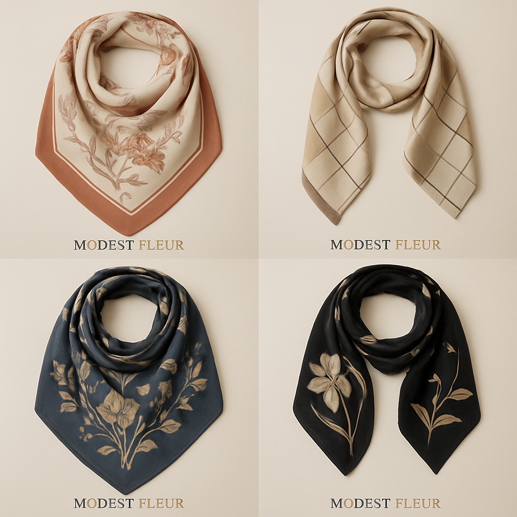 Create me different designs of scarves first In the world by making them unique and chic sophisticated for my brand "Modest Fleur
Create me different designs of scarves first In the world by making them unique and chic sophisticated for my brand "Modest Fleur