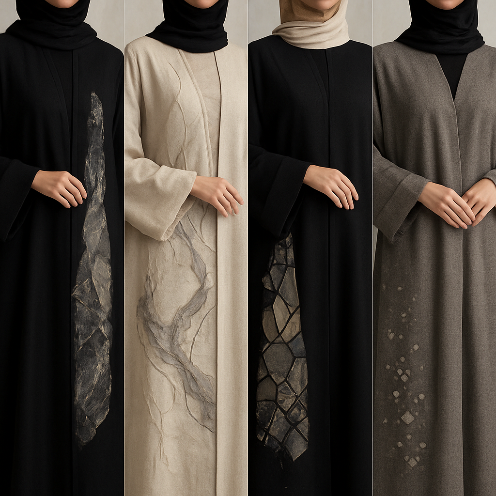 Create a modest abaya, first of its kind, featuring a unique stone design that exudes a classy and sophisticated vibe. I'd like four designs, each showcasing different styles and fabrics. Incorporate high-end, unique chic stone designs to make them truly special. Add little sophisticated stone designs. Make it irresistible for customers
Create a modest abaya, first of its kind, featuring a unique stone design that exudes a classy and sophisticated vibe. I'd like four designs, each showcasing different styles and fabrics. Incorporate high-end, unique chic stone designs to make them truly special. Add little sophisticated stone designs. Make it irresistible for customers