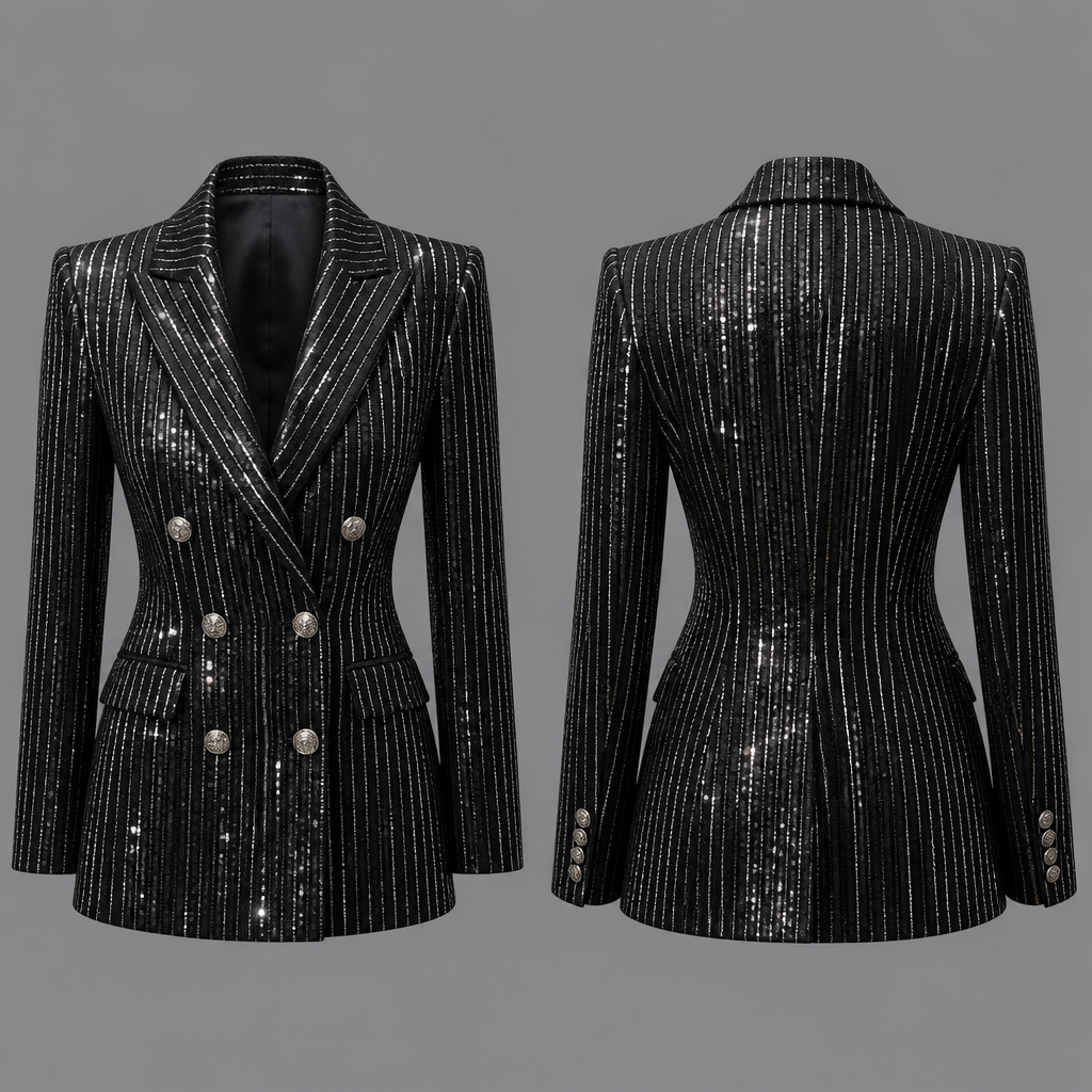 Pinstripe sequin double breads woman’s jacket in black and silver
photorealistic fashion design, Pinstripe sequin double breads woman’s jacket in black and silver , formal style, just the design no text, show front and back