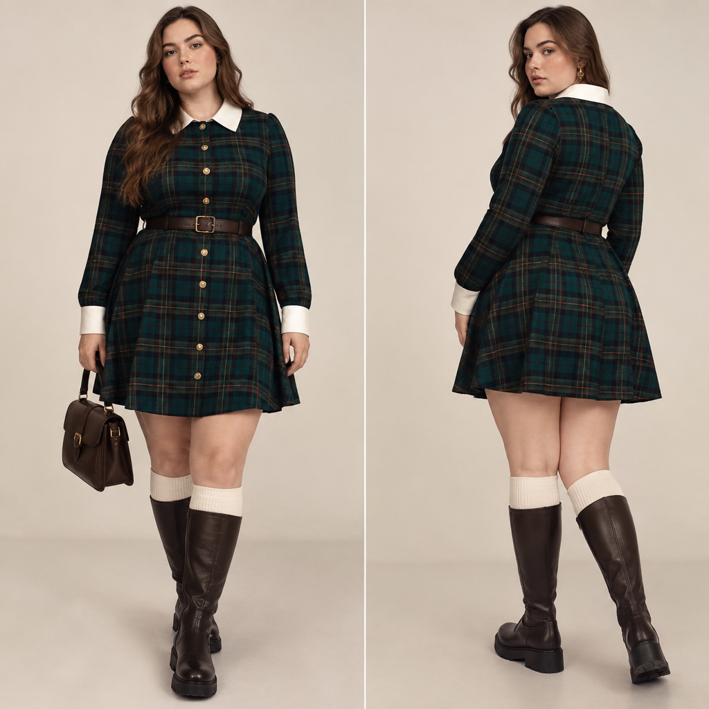 A Female Dress design, with a sleek, smooth finish, in a Jewel Tones color palette, for Casual, suitable for Fall, in Preppy + Y2K + Streetwear style, shown on a model with fair skin and a plus-size figure. Russia fashion aesthetics. Present it as professional fashion catalogue photography: the garment is the subject, shown full-length with editorial styling, neutral posing and tasteful, non-suggestive framing.
photorealistic fashion design, A Female Dress design, with a sleek, smooth finish, in a Jewel Tones color palette, for Casual, suitable for Fall, in Preppy + Y2K + Streetwear style, shown on a model with fair skin and a plus-size figure. Russia fashion aesthetics. Present it as professional fashion catalogue photography: the garment is the subject, shown full-length with editorial styling, neutral posing and tasteful, non-suggestive framing., preppy style, just the design no text